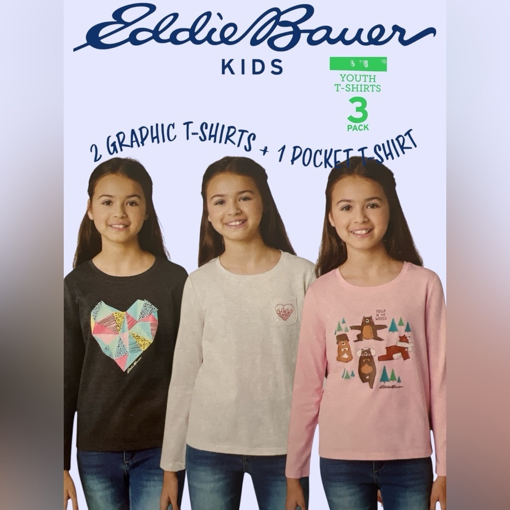 Eddie Bauer Kids Graphic T-Shirt 3-Pack - Charcoal , Cream , Pink. Sz.7/8 NWT